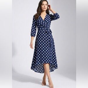 Taylor Navy Polka Dot Cotton Voile High-Low Wrap Dress